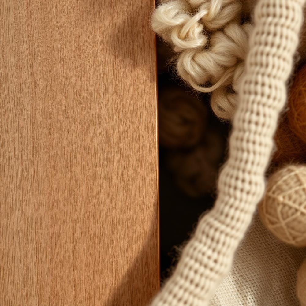 Detalhes naturais do Atelier — madeira, tecido e luz